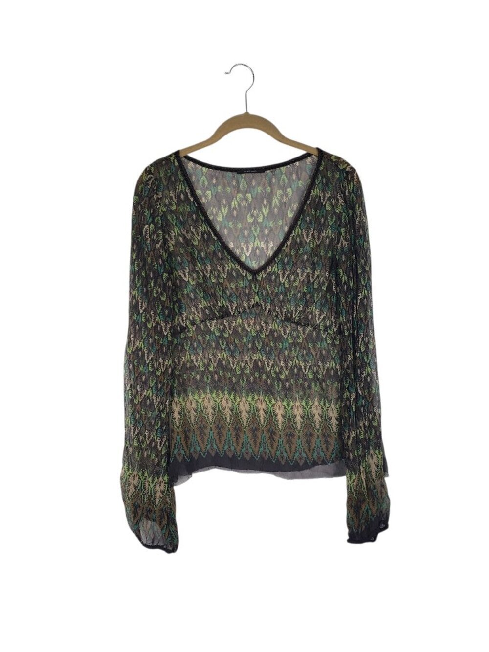 Elie Tahari Sheer Silk Long Sleeve Babydoll Top Brown Green Leaf Womens Medium